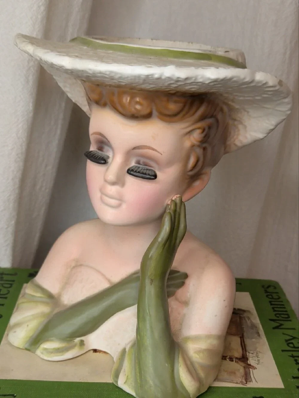 Vintage Lefton Lady Head Vase #4228 White Hat & Green Gloves Mid Century Modern